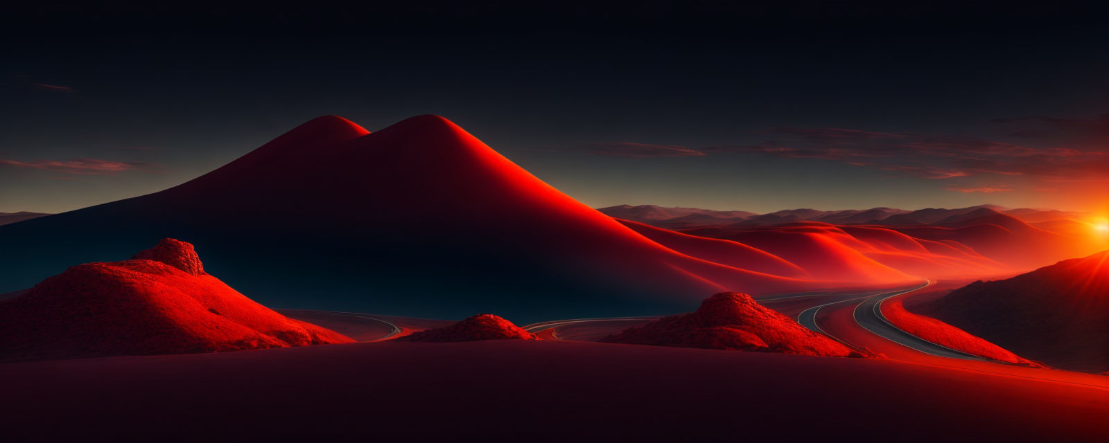 Vibrant red desert landscape with smooth dunes and winding roads