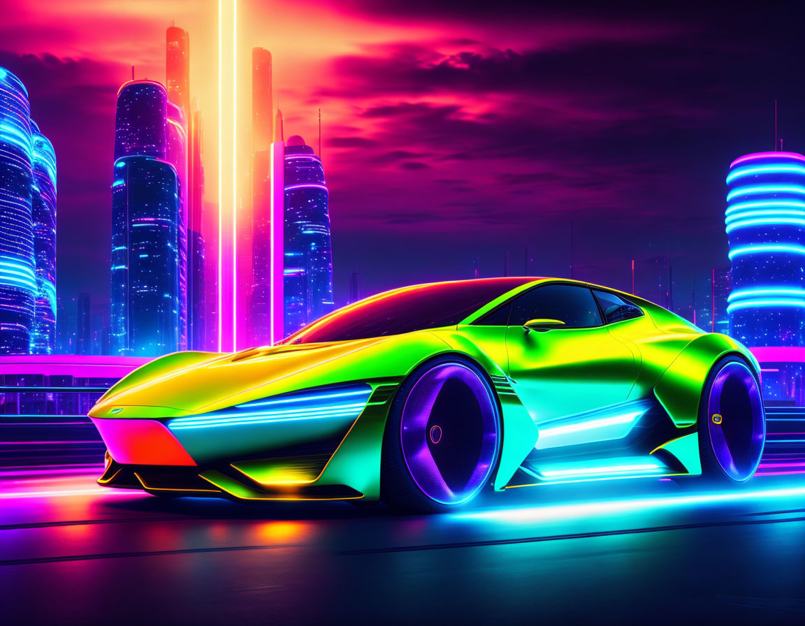 Futuristic neon-lit sports car in green and yellow on city street under purple sky