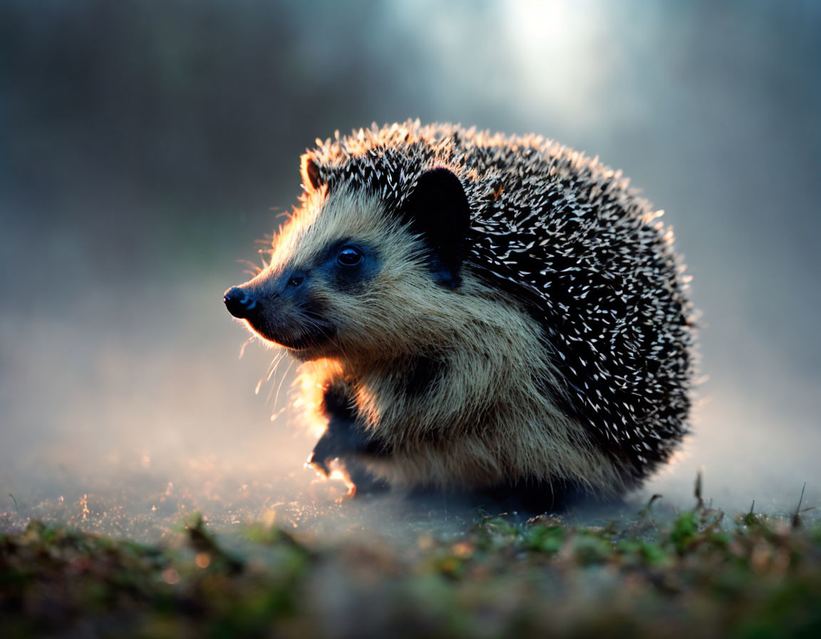 Curious hedgehog captured in natural setting with soft lighting.