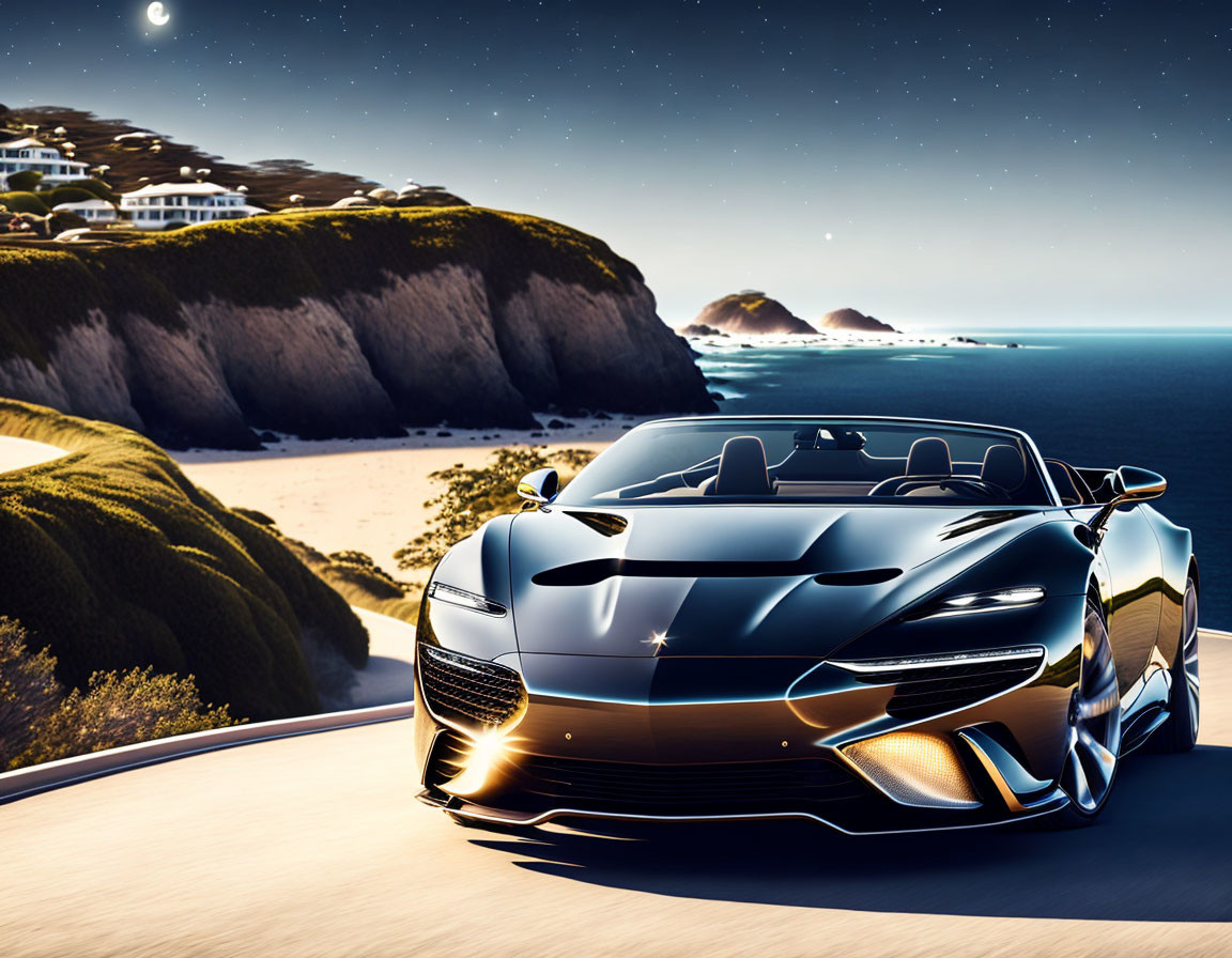 Luxury sports car parked on coastal road at twilight with beach, ocean, starry sky, cres