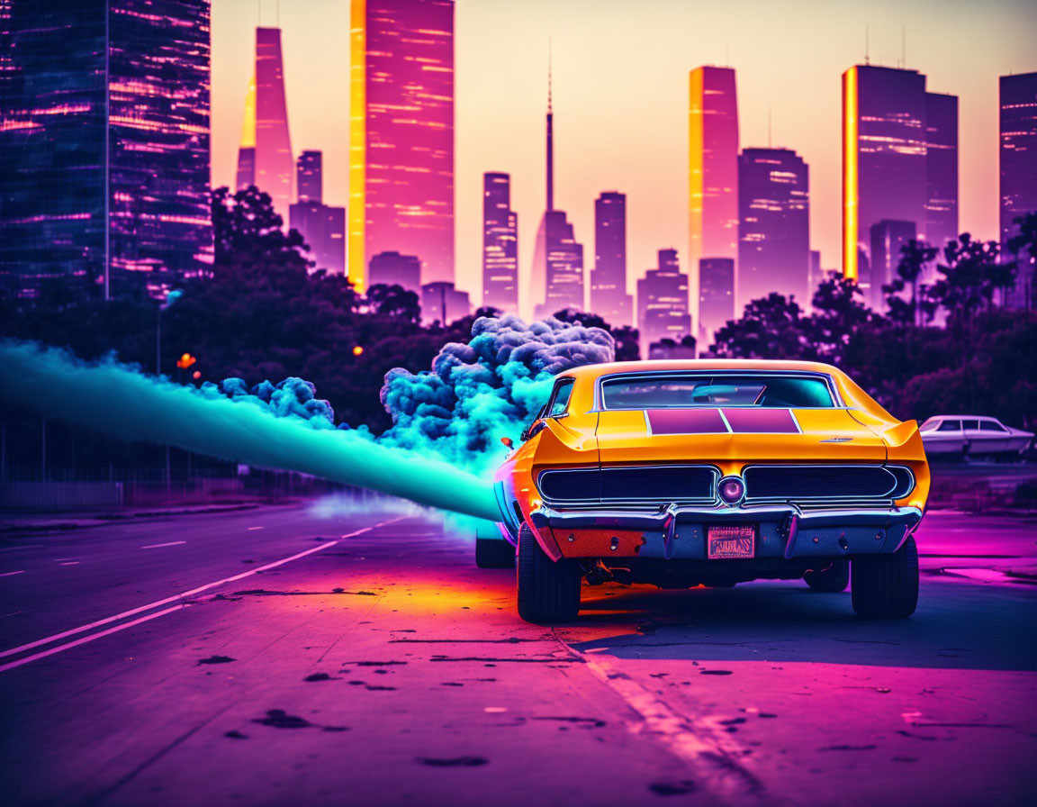 Retro-styled classic car with neon underglow in vivid cityscape