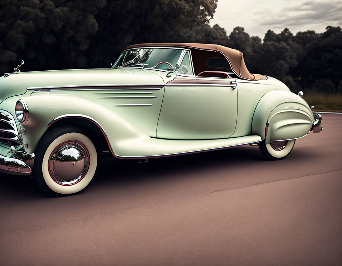 Vintage Mint Green Convertible Car with White-Wall Tires on Road Amidst Trees