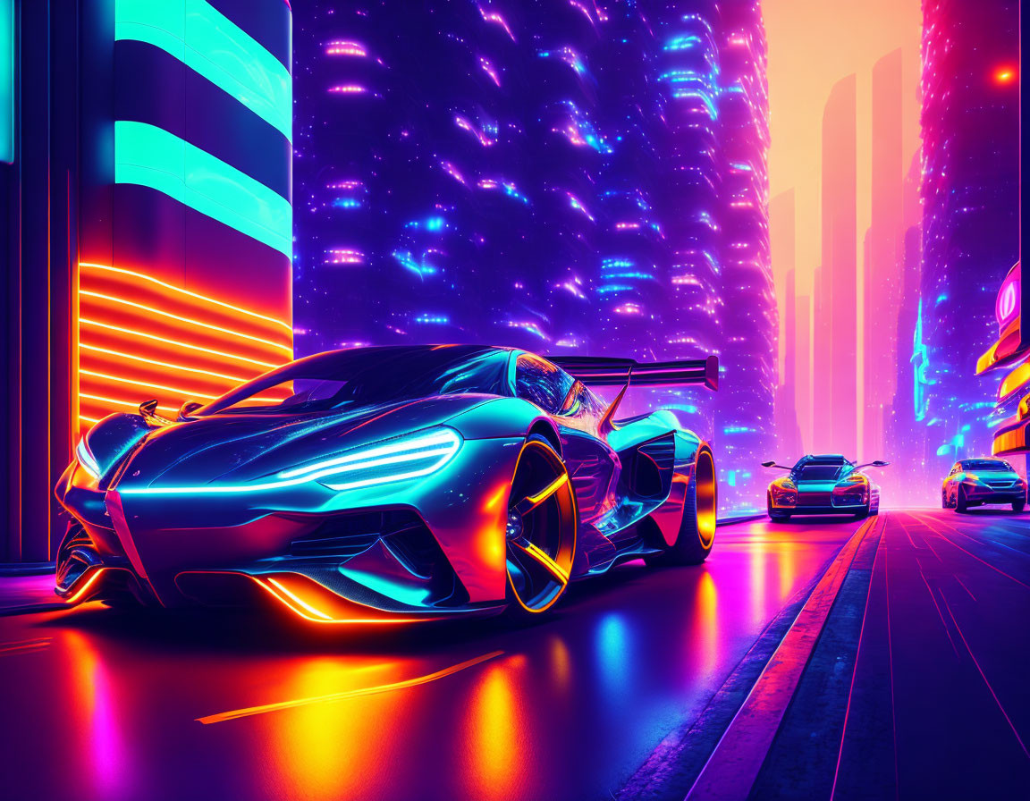 Futuristic sports car with neon lights in vibrant city street at night