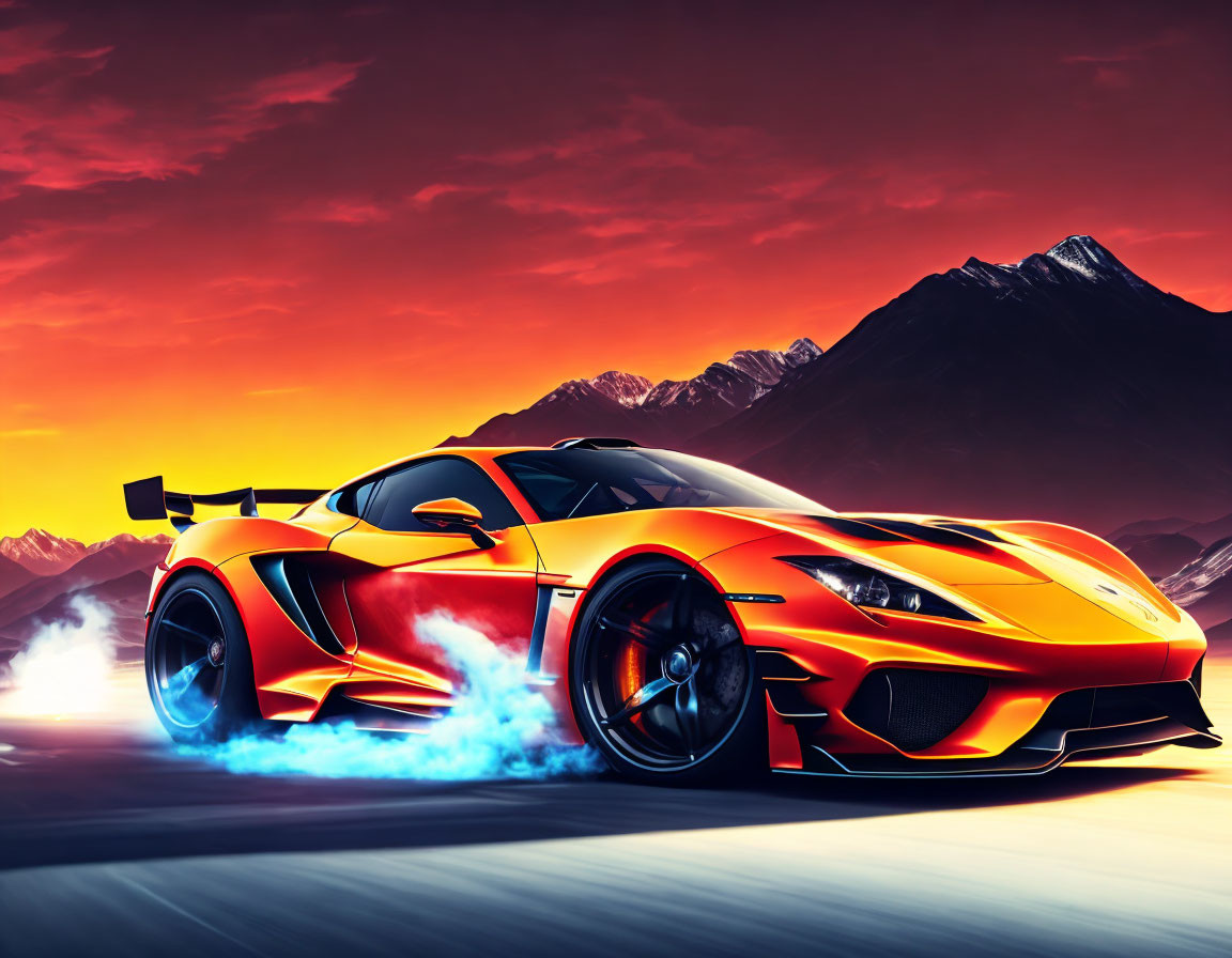 Vibrant orange sports car speeds on track with purple mountains backdrop at sunset