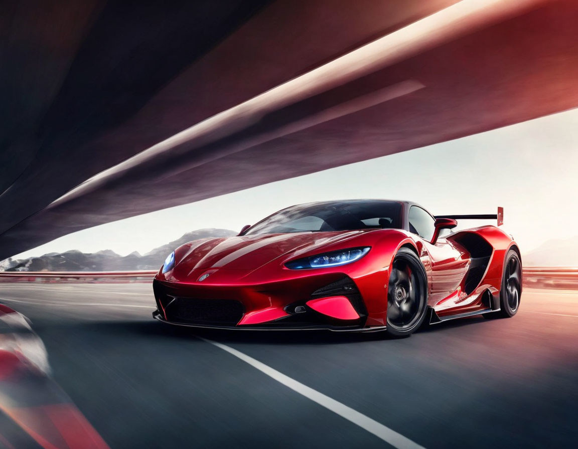 Red Sports Car Speeding Under Bridge on Asphalt Road