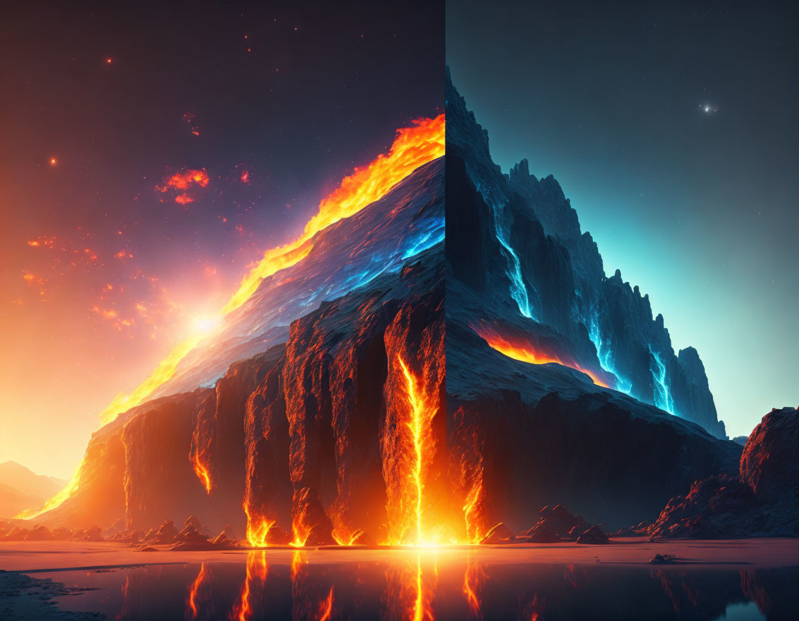 Volcanic mountain with lava flow and blue hues under twilight sky