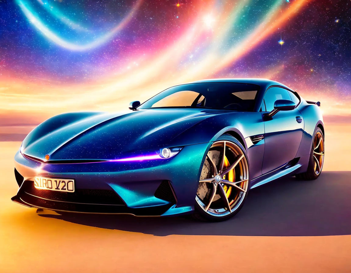 Blue Sports Car in Cosmic Setting Showcasing Futuristic Design