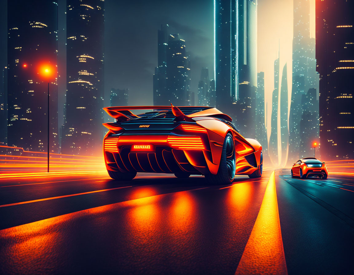 Neon-lit city highway with futuristic sports cars at night