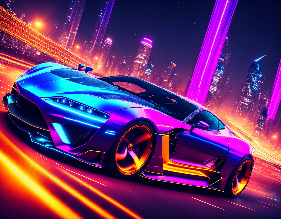 Futuristic sports car with neon accents speeding through vibrant cityscape