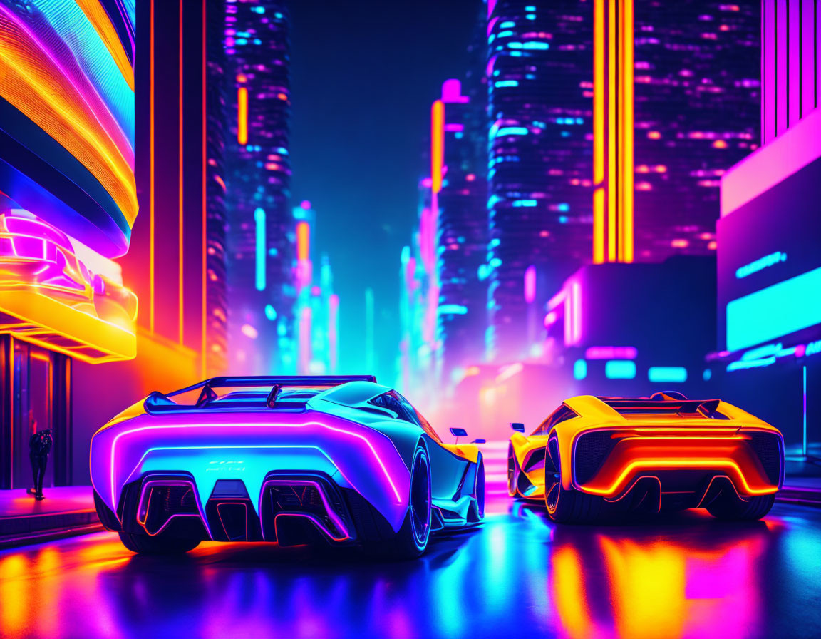 Futuristic cars with neon underglow in vibrant city street at night