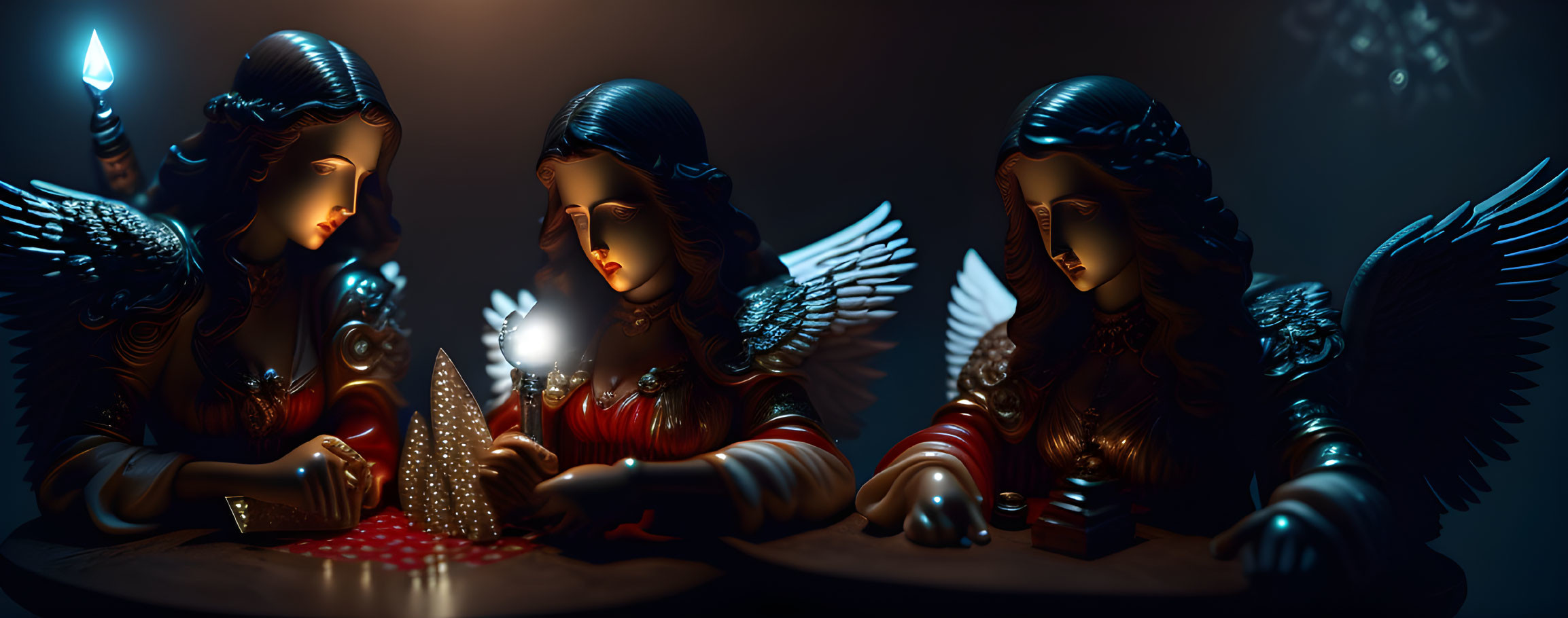 Angel figurines with lit candles in dimly lit ambiance