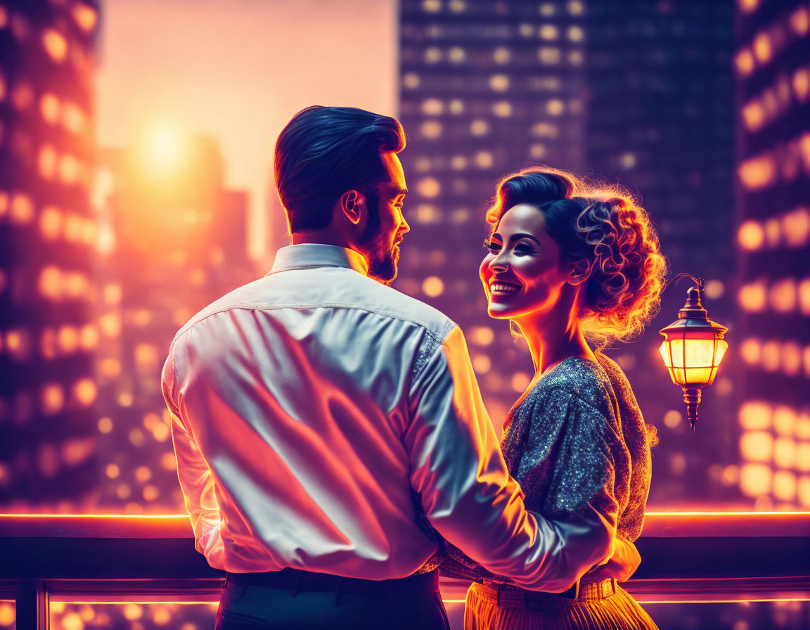 Couple Embraces on Balcony at Sunset Cityscape