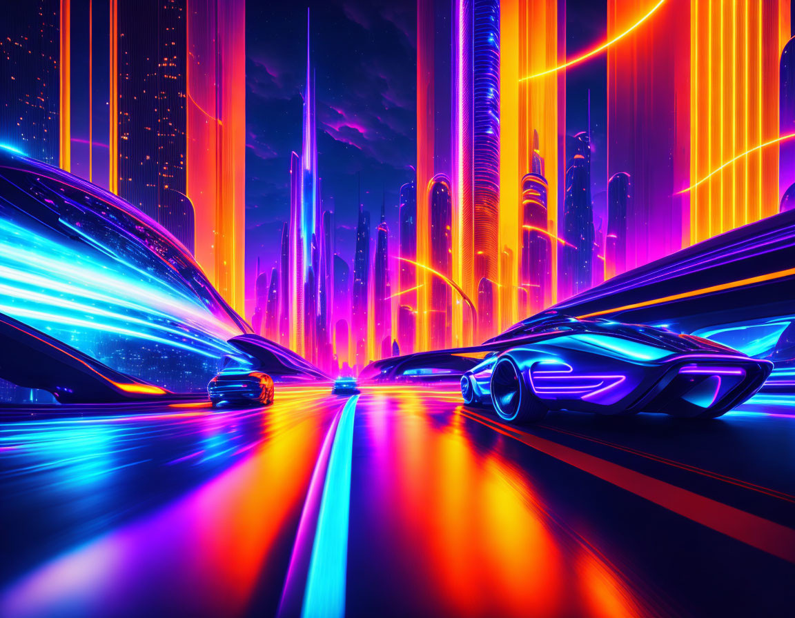 Futuristic cityscape with neon lights and high-speed vehicles