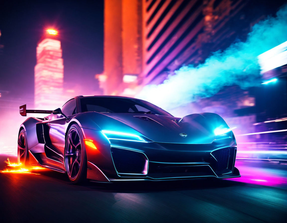 Neon-lit sports car with glowing wheels speeds in urban night scene