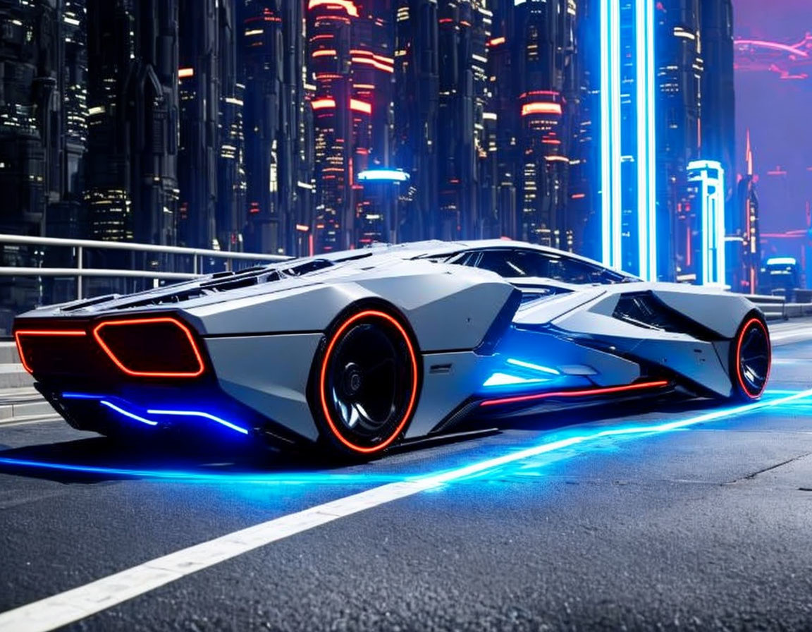 Sleek futuristic car with neon blue accents in urban night scene