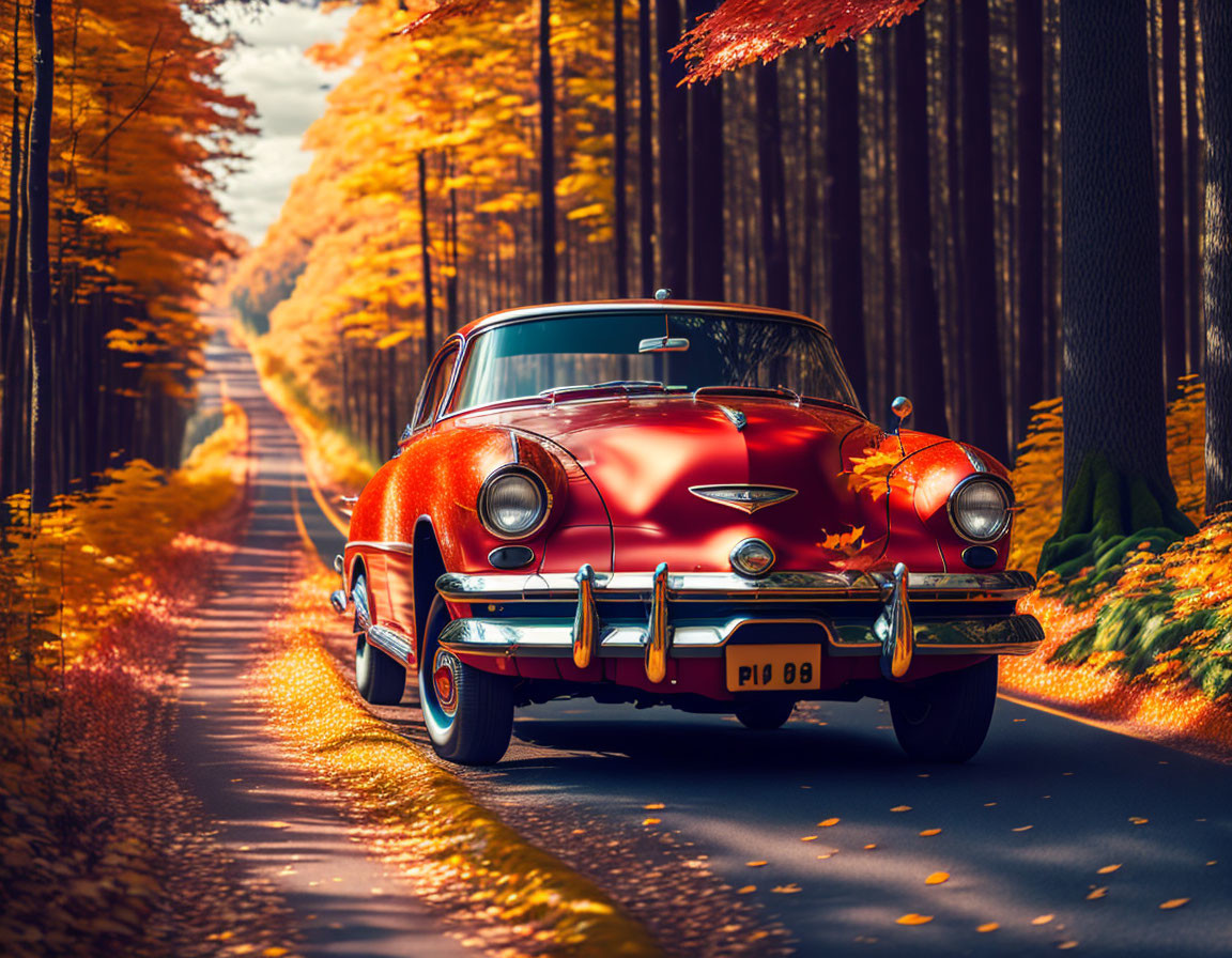 Vintage red car on autumn forest road with orange and yellow trees