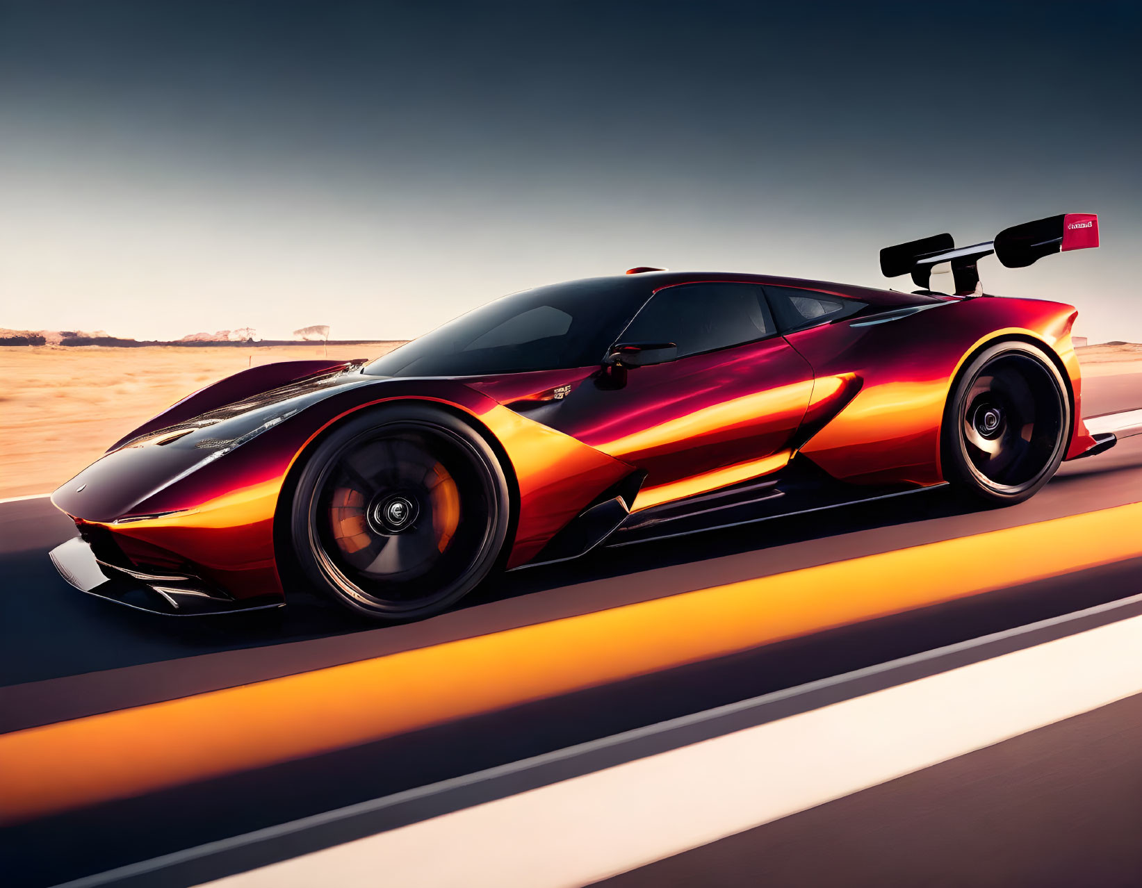 Sleek sports car with vibrant flame-like paint speeding on road