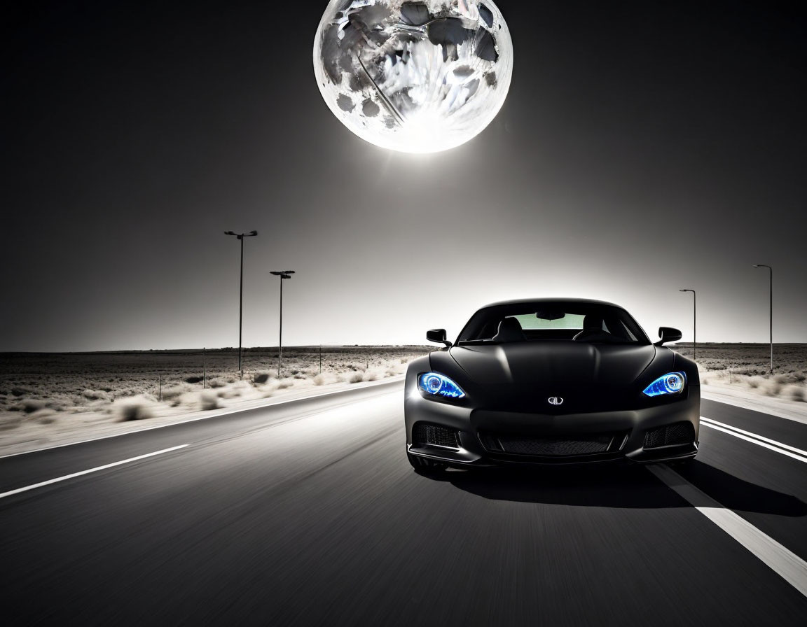 Black sports car on empty road at night with large moon and desolate landscape