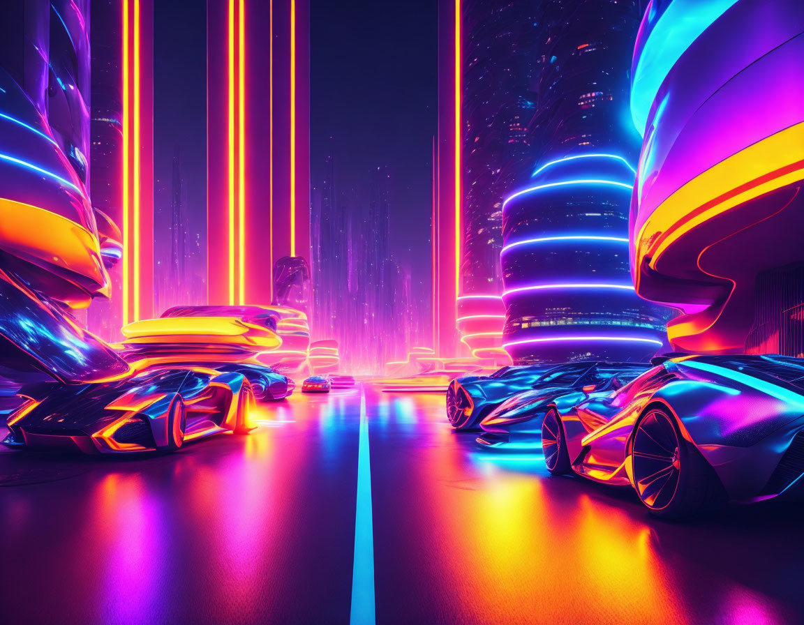 Futuristic neon-lit cityscape with sleek cars and towering buildings