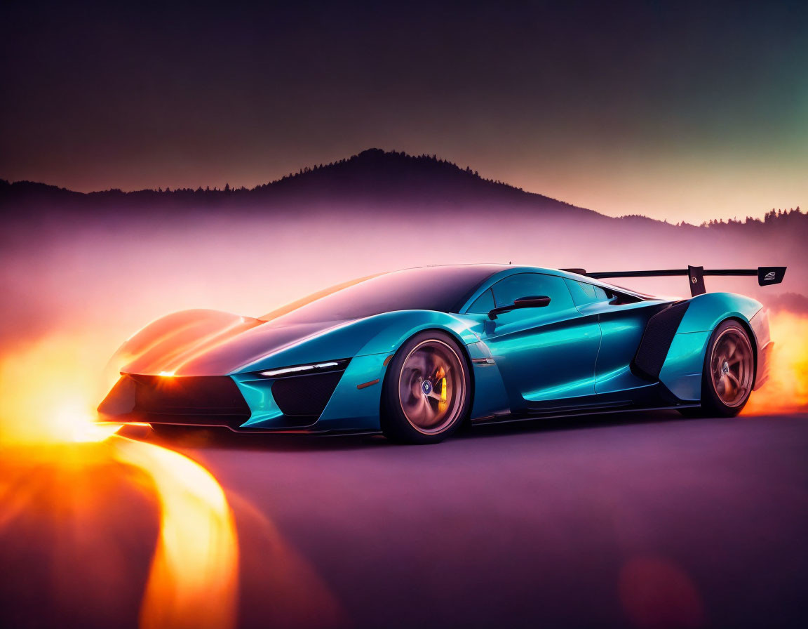 Blue sports car with large rear wing in fiery orange and purple smoke at dusk