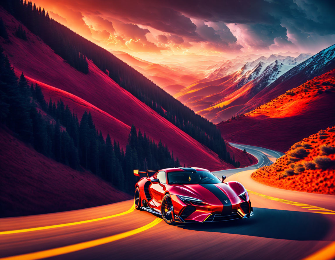 Vibrant sports car on mountain road at sunset