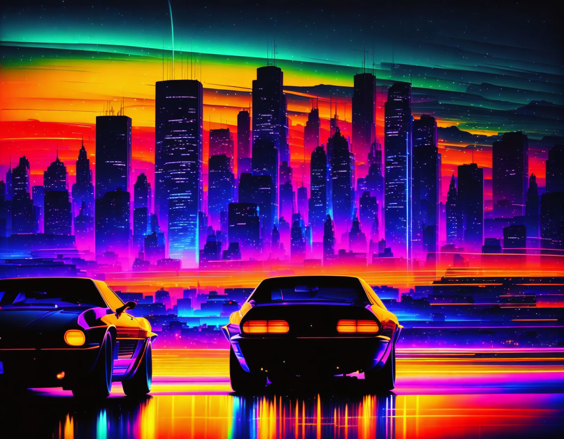 Two sports cars in neon-lit cyberpunk cityscape with vibrant colors