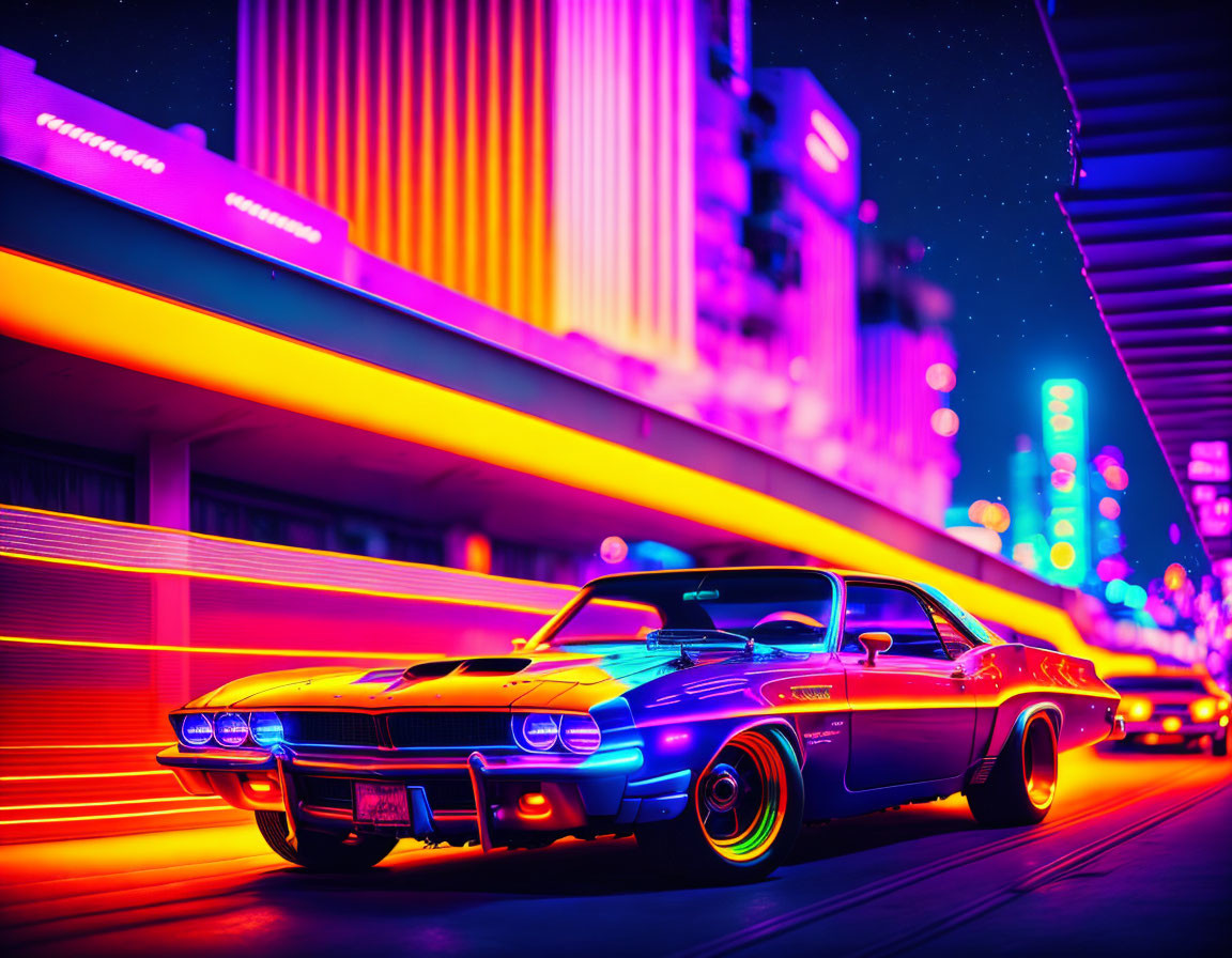 Classic Muscle Car Night Drive in Neon Cityscape