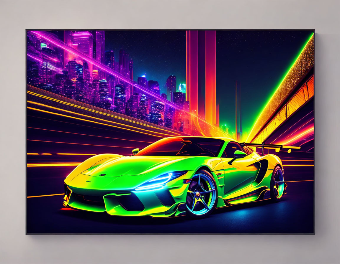 Neon green sports car with light trails on futuristic city backdrop.