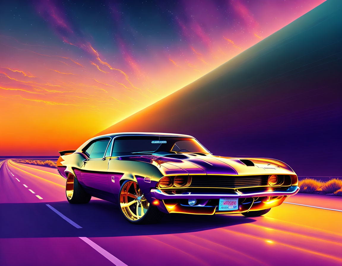 Retro-styled muscle car illustration on sunset road