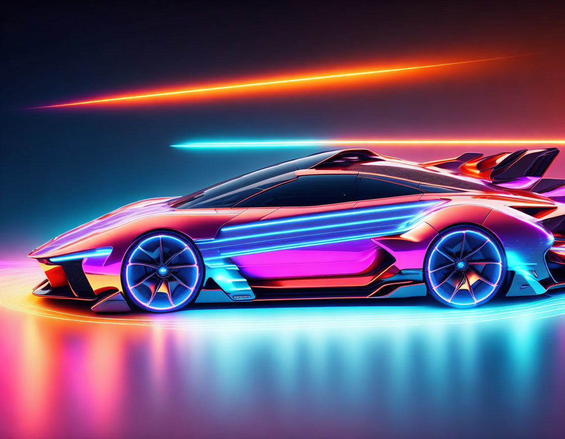 Sleek Neon-Lit Sports Car on Vibrant Gradient Background