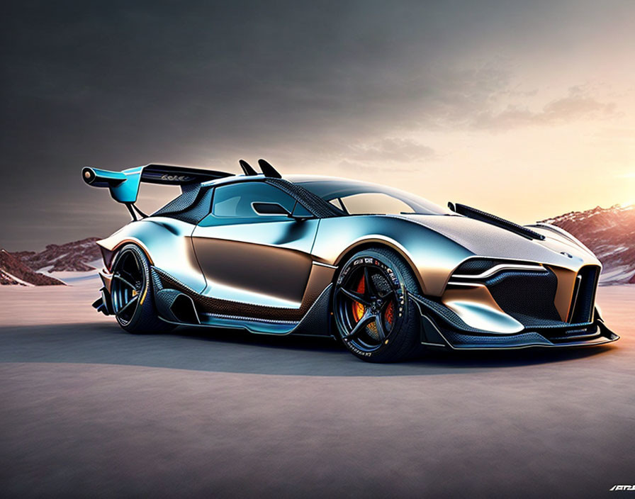 Blue and black high-performance sports car with rear spoiler and snowy mountain backdrop.