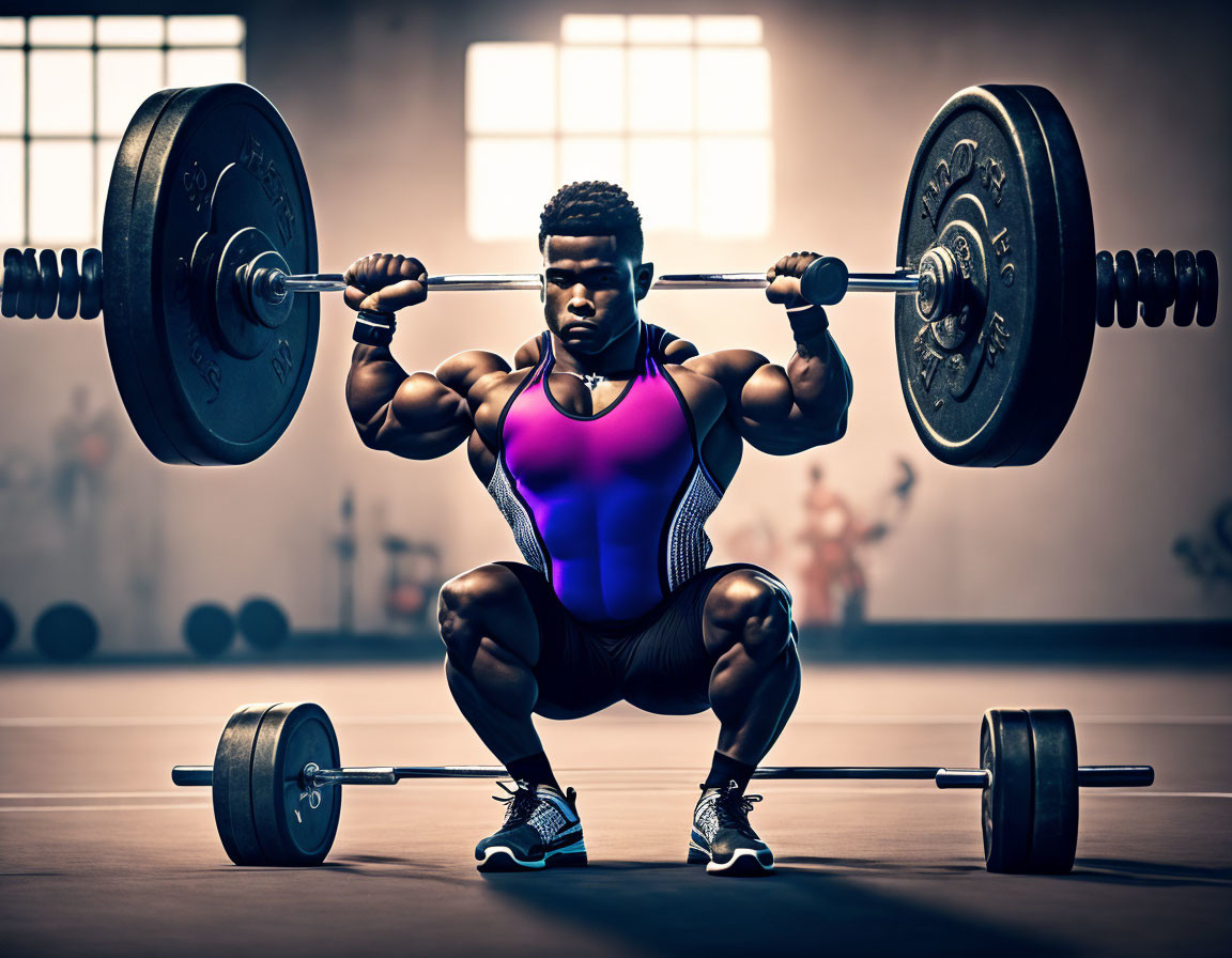 Muscular person doing barbell squat in gym