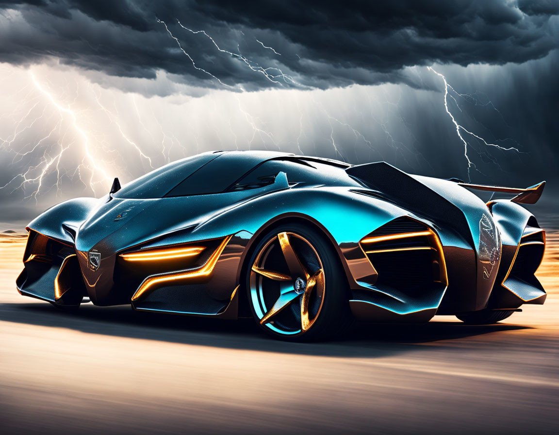 Futuristic blue sports car under stormy sky with lightning