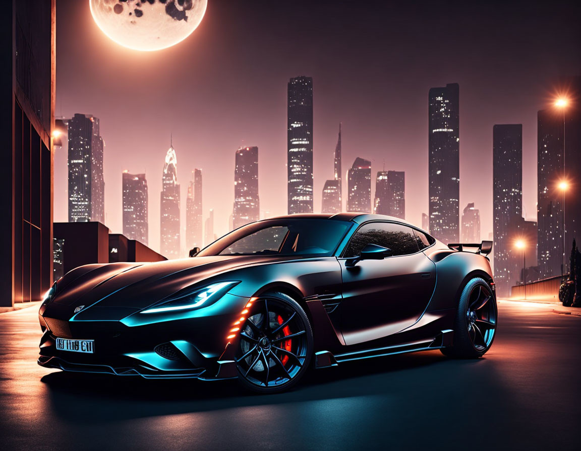 Black Sports Car Parked at Night with City Skyline and Full Moon