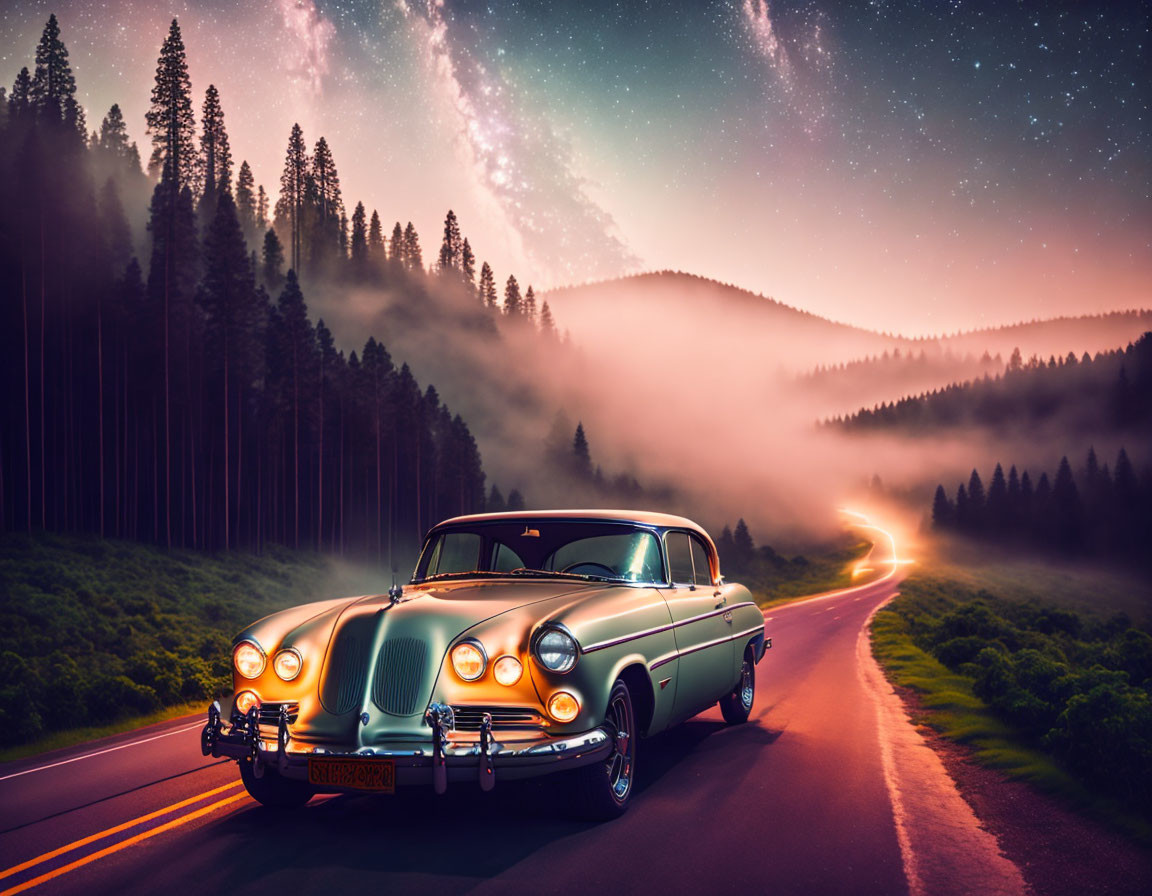 Vintage Car on Winding Forest Road under Starry Sky