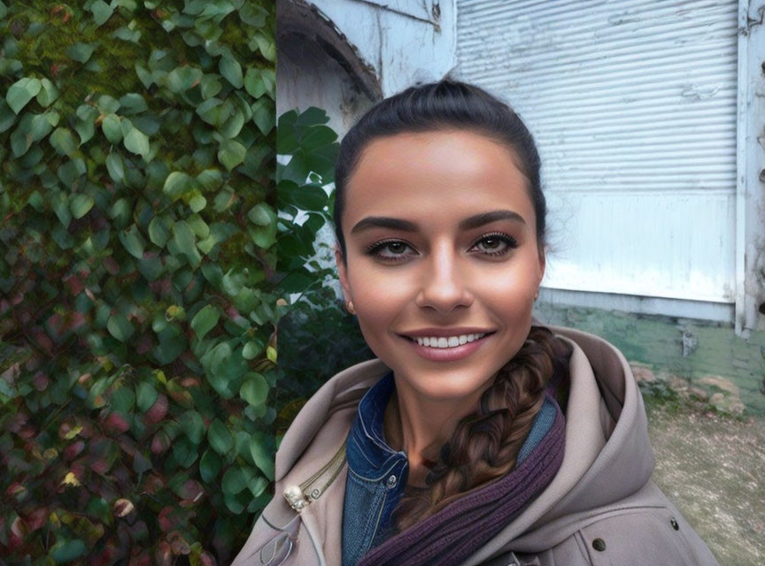 Smiling woman with braided hairstyle in jacket by ivy-covered window