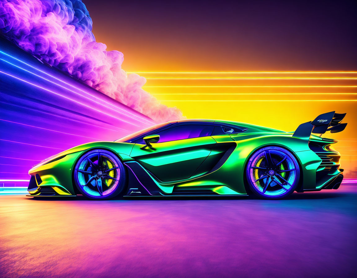 Sleek neon-lit sports car in vibrant green and blue colors