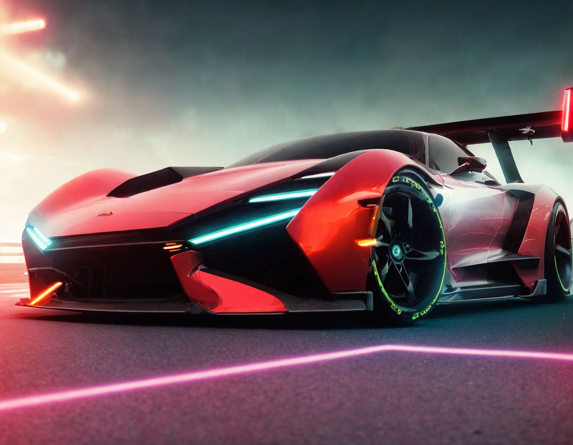 Futuristic race car with neon accents against vibrant dusk sky