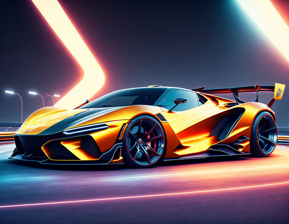 Vibrant orange and black sports car against futuristic cityscape at night