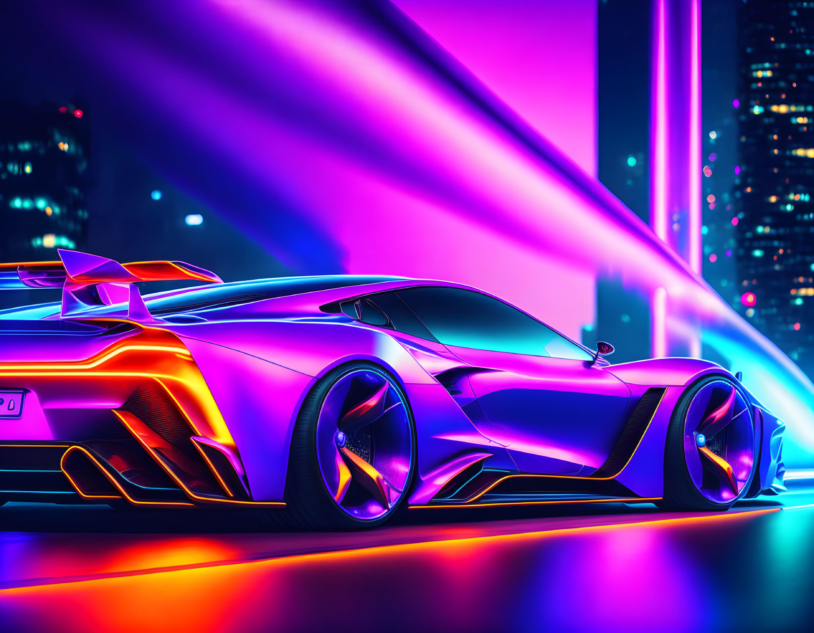 Vibrant neon-lit futuristic car parked in colorful night city scene