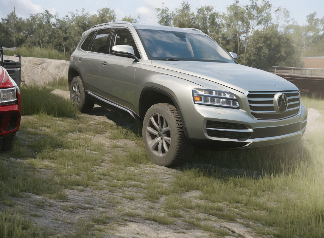 Silver SUV parked on grassy terrain with sunlight filtering through trees