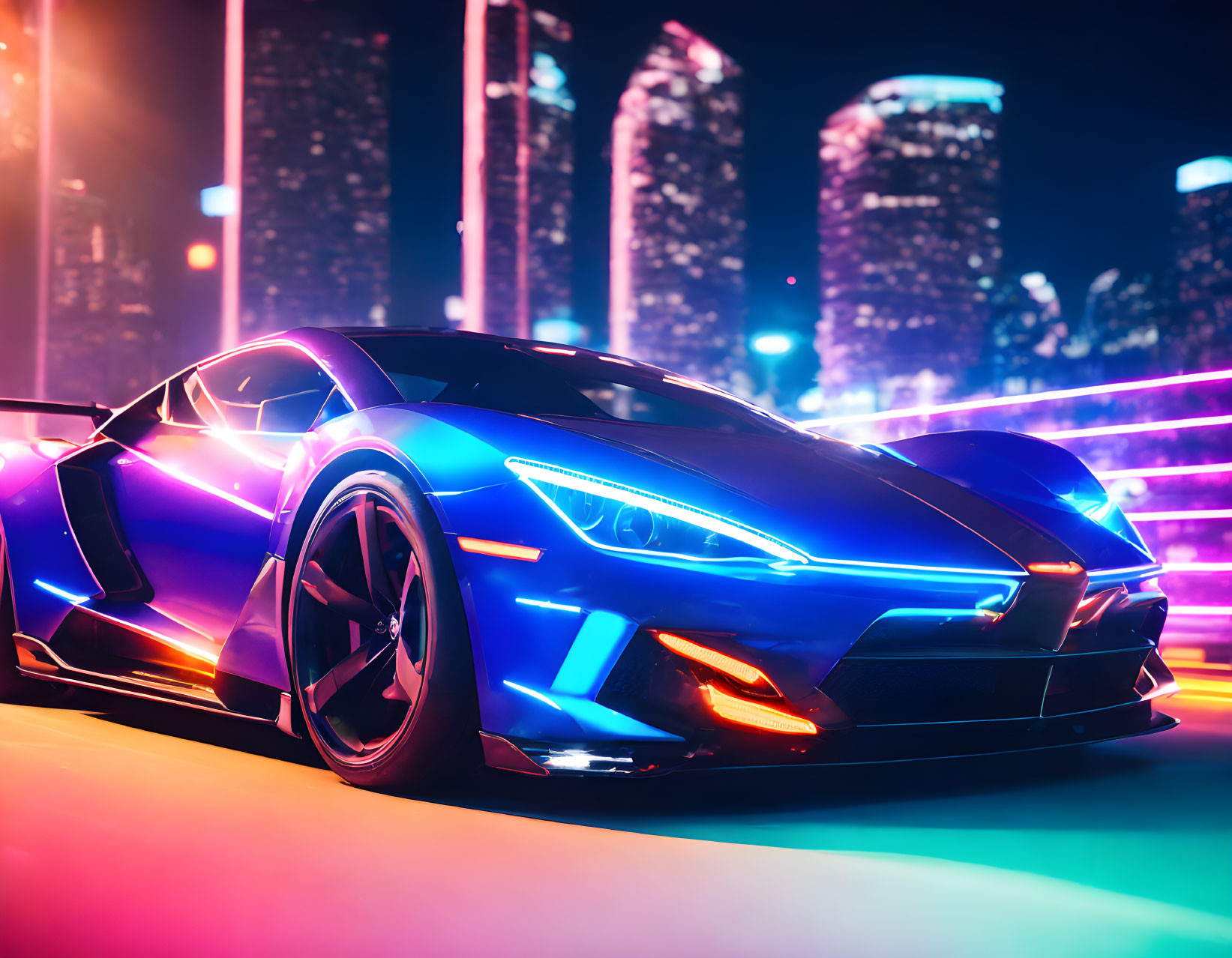 Blue sports car with neon lights on vibrant city street at night