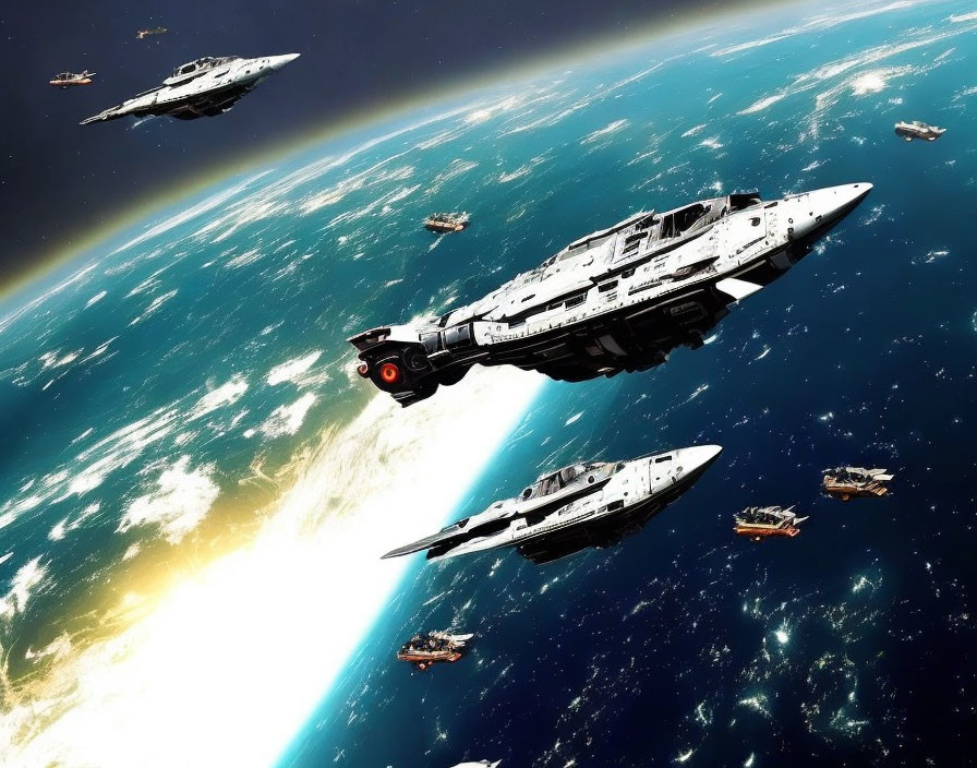 Futuristic spacecraft fleet orbiting vibrant Earth with smaller ships.