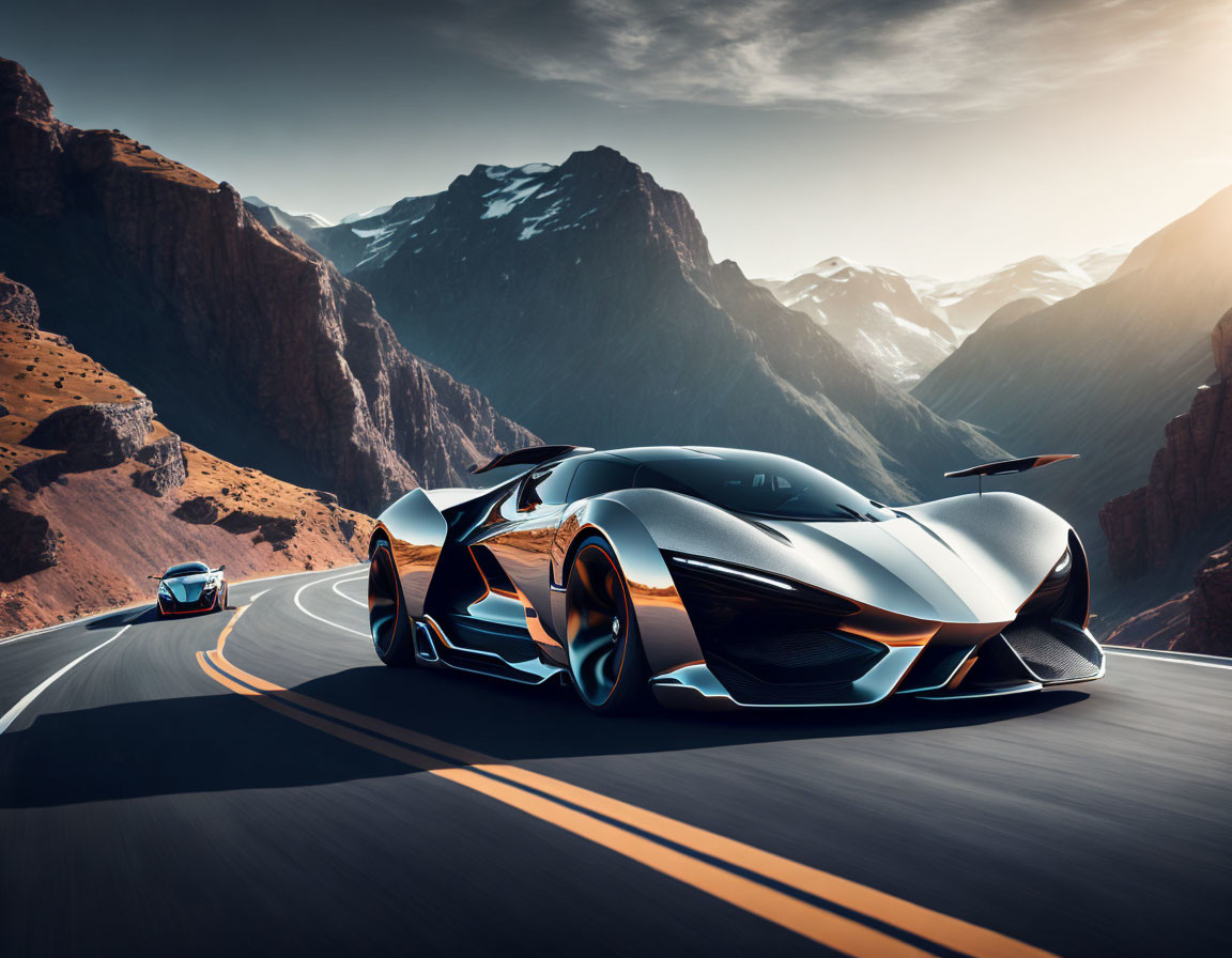 Futuristic sports cars on mountain road with cliffs and peaks