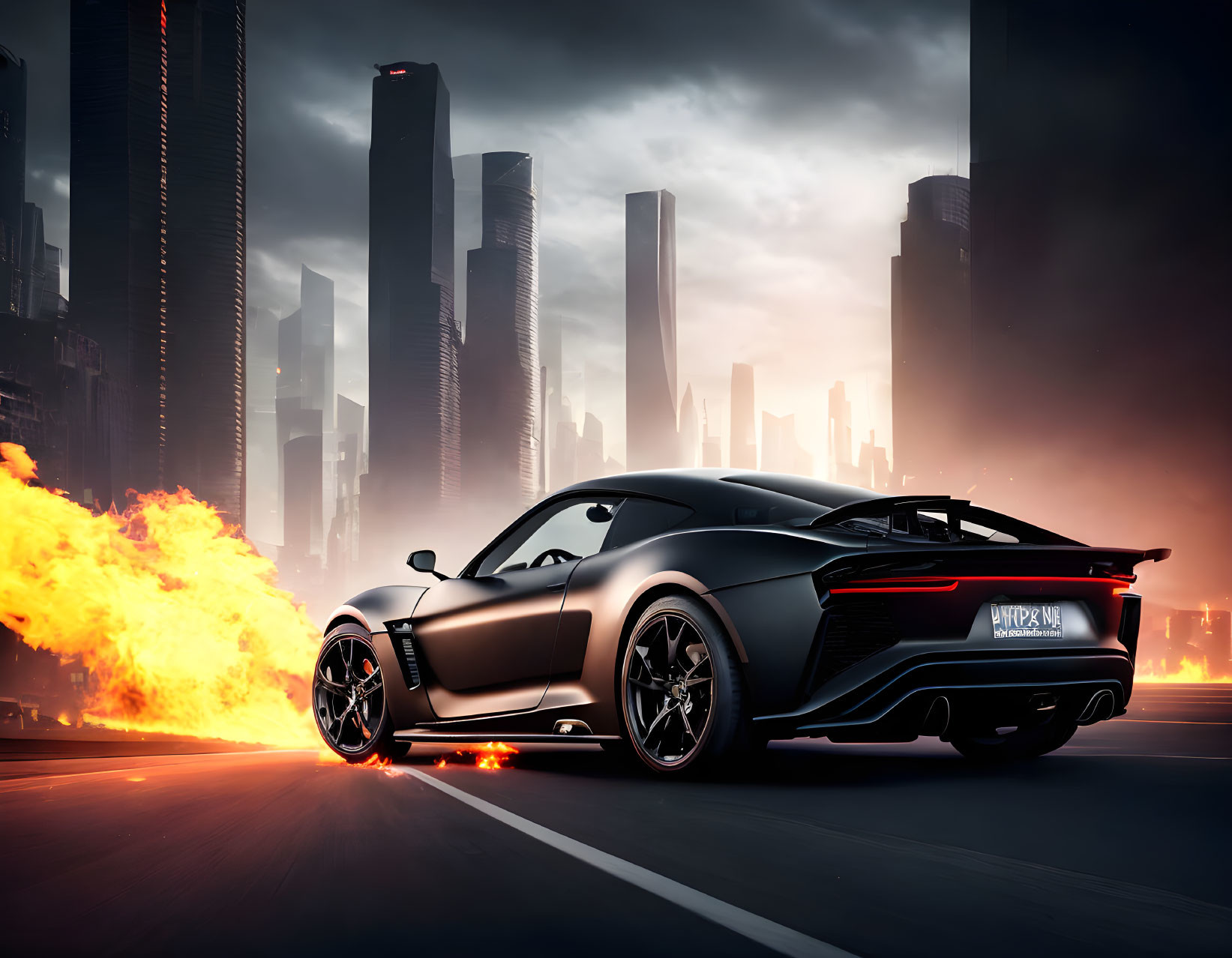 Matte Black Sports Car Drives in Futuristic Cityscape at Dusk