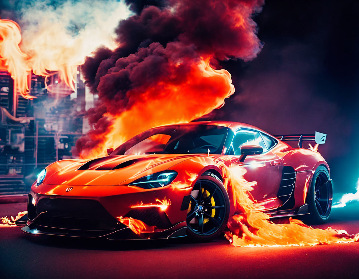 Orange Sports Car with Fiery Effects and Smoke in Industrial Night Scene