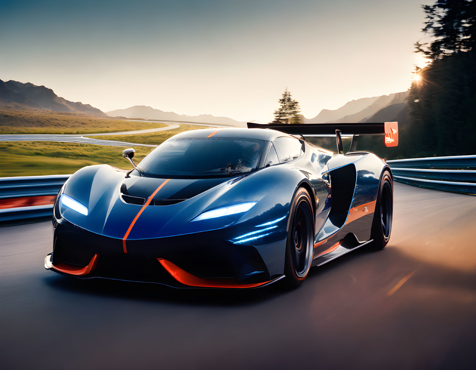 Blue sports car with orange trims racing on track at sunset with motion blur