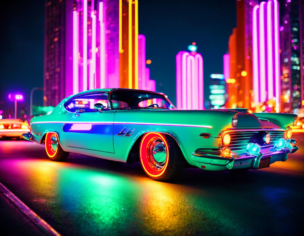 Vintage teal car with glowing neon lights and tail fins on vibrant city street at night