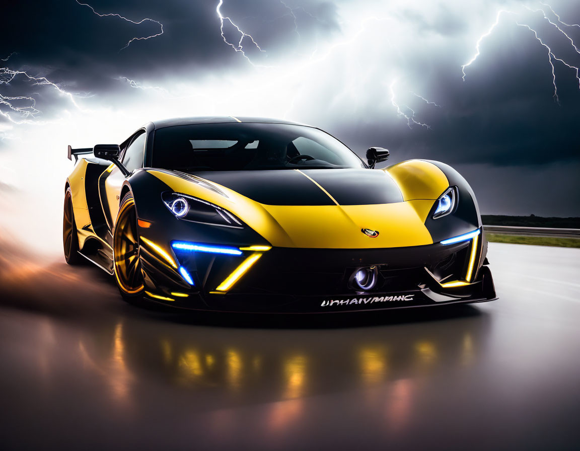 Black and Yellow Sports Car Under Dramatic Sky with Lightning