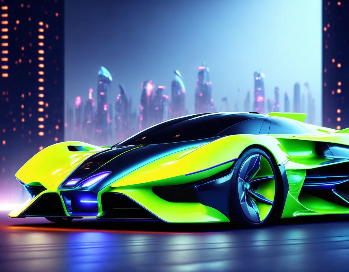 Futuristic yellow and green sports car on neon-lit city road